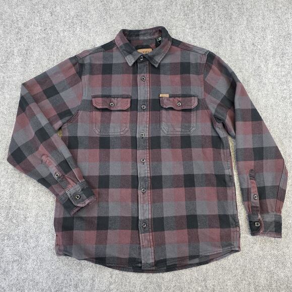 Orvis Shirt Mens Medium Red Gray Plaid Flannel Double Pocket Button Up Shacket - Picture 1 of 16